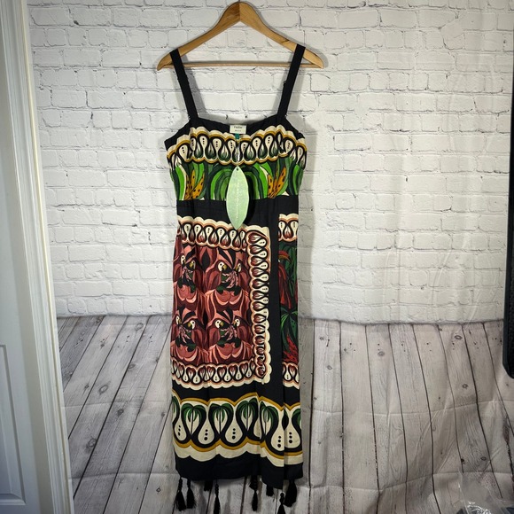 FARM Rio Dresses & Skirts - Farm Rio Coconut Tree Flow Scarf Dress Multicolor Tropical Parrot Tassel Midi L